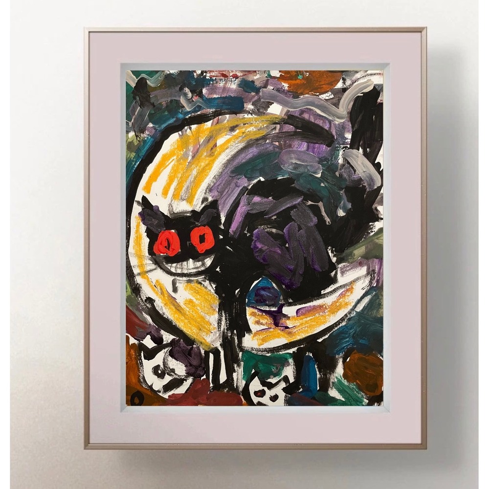 OMAN Original 9x12 Abstract Black Cat Painting Paper Neo-Expressionism Halloween